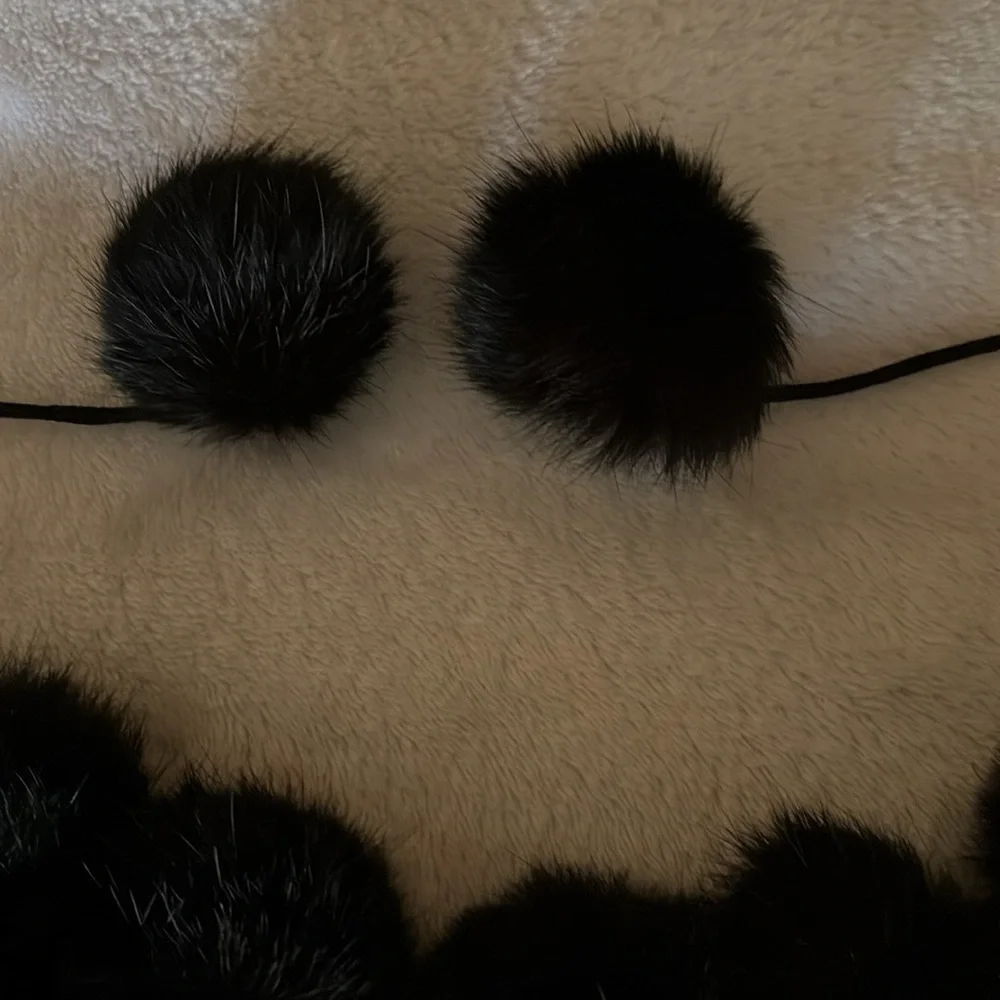 100% Rabbit Fur Pom Pom Scarf w Shawl  - Black & Brown Cejon Accessories ??